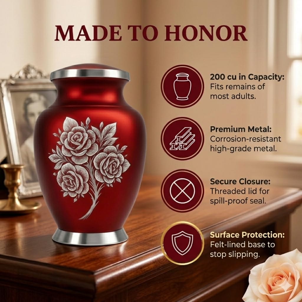 Solace Forever red-finish urn offers an elegant memorial look.
