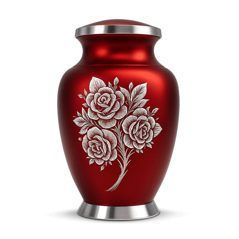 Solace Forever rose-engraving urn detail for memorial display.