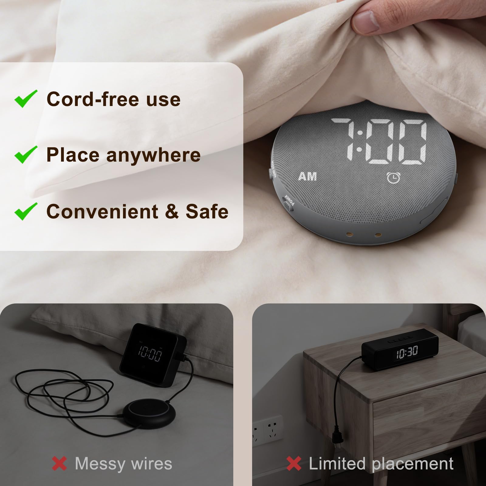 SolaceRise alarm clock bed shaker under pillow demonstrates adjustable vibration
