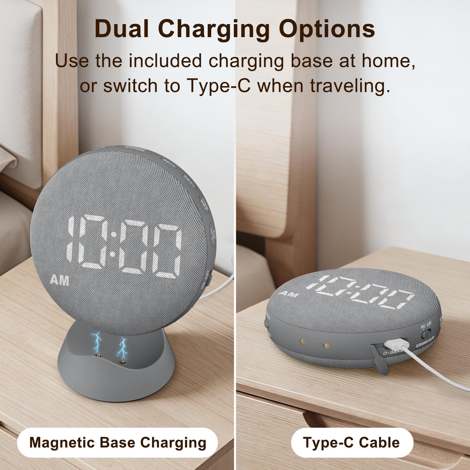 SolaceRise alarm clock travel-dorm use shows portable, rechargeable design