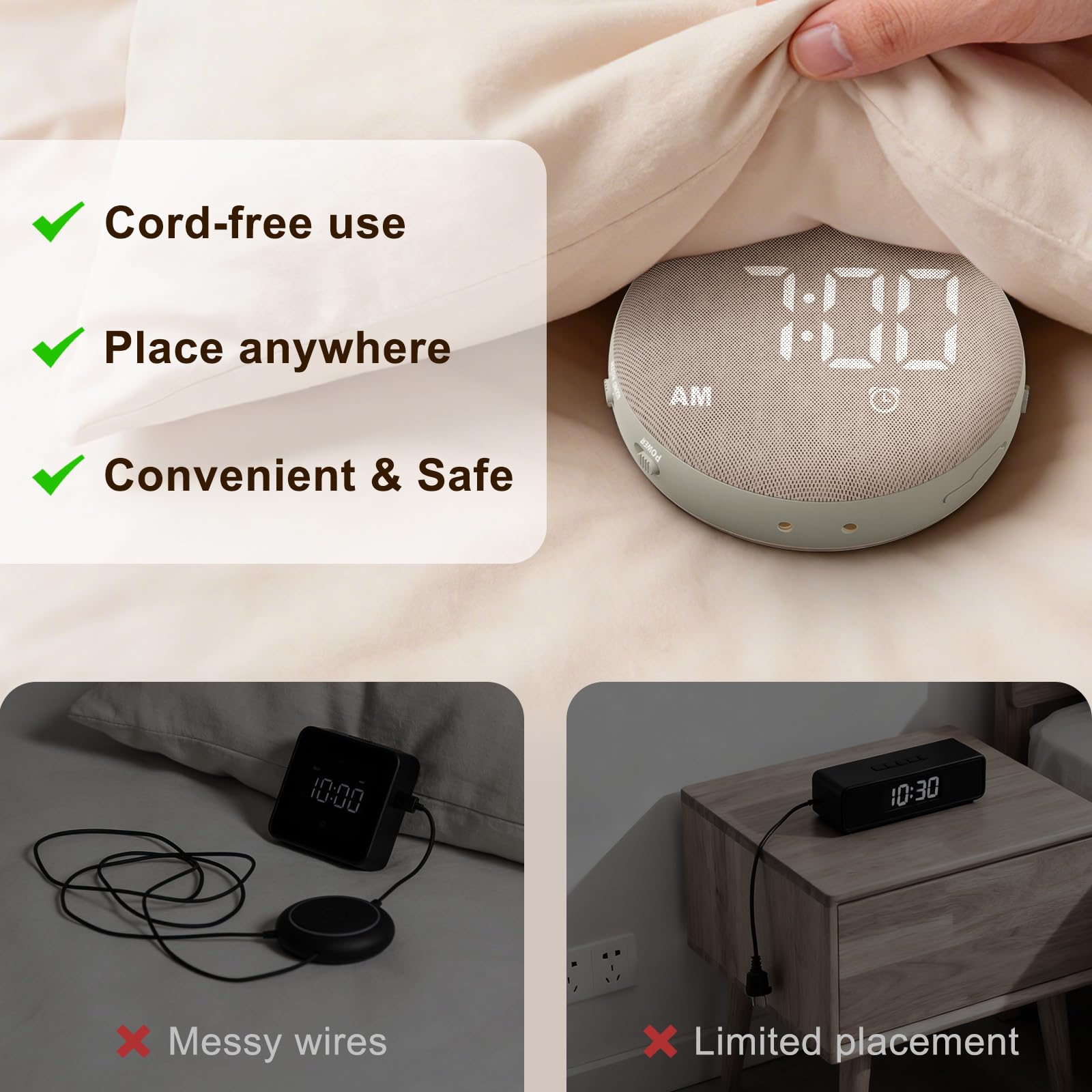 SolaceRise bed shaker placed under pillow demonstrates vibration levels.