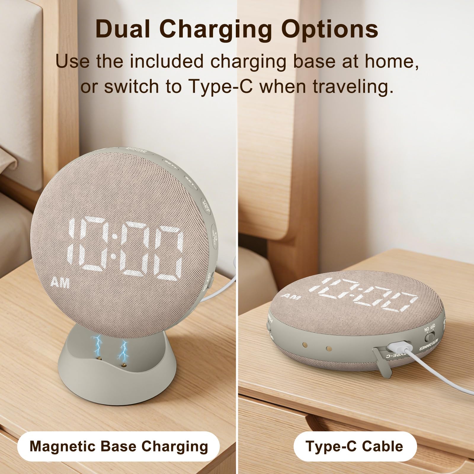 SolaceRise bedroom ambiance with auto-dim display preserving sleep.