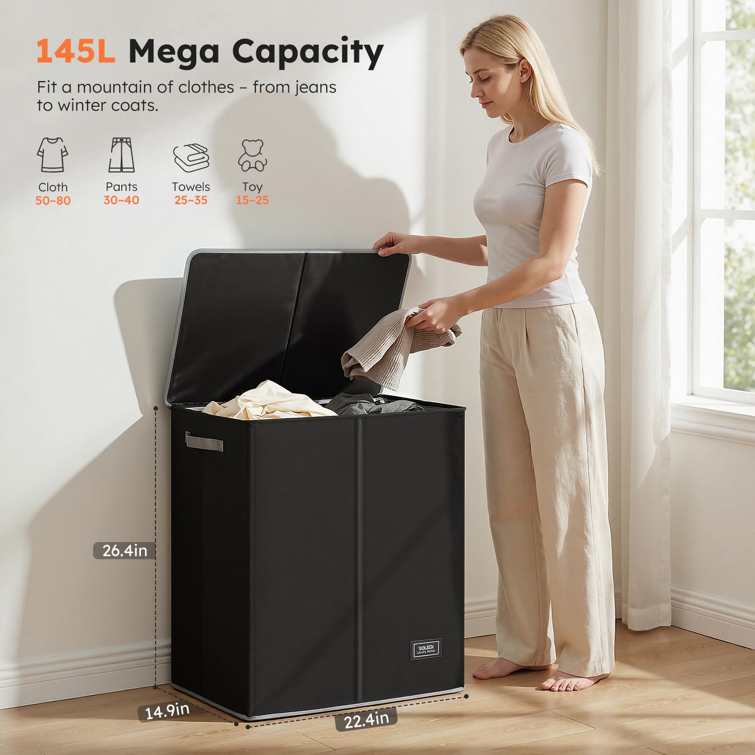 SOLEDI 145L capacity supports weekly laundry without extra trips.