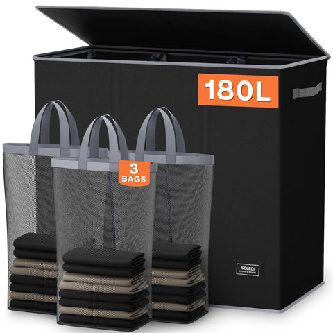 SOLEDI 180L three-section hamper shown with clear partitioning for easy sorting