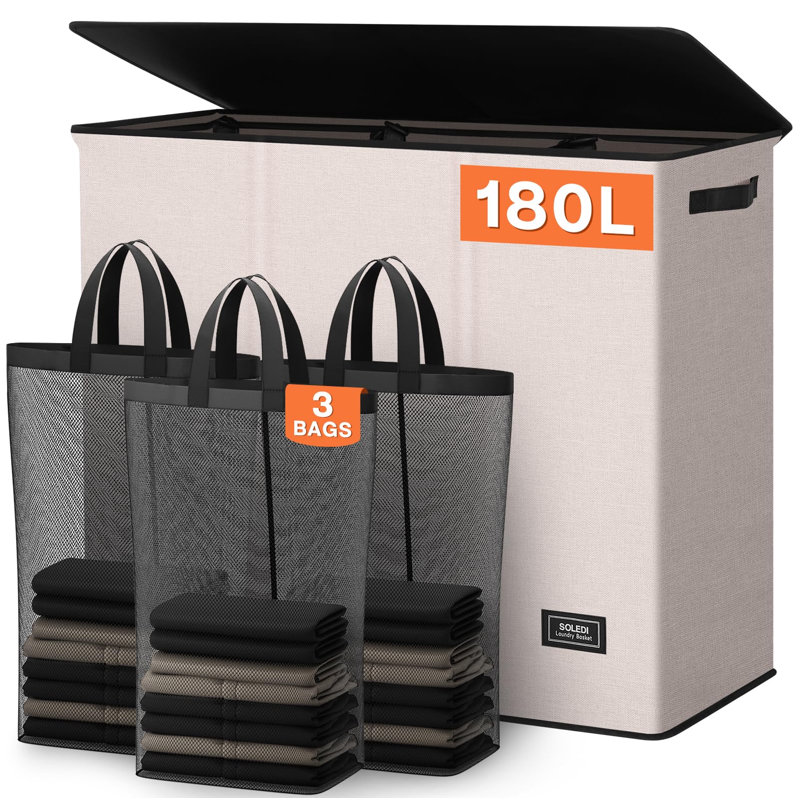 SOLEDI 180L laundry hamper front view showing spacious three-section capacity for sorting