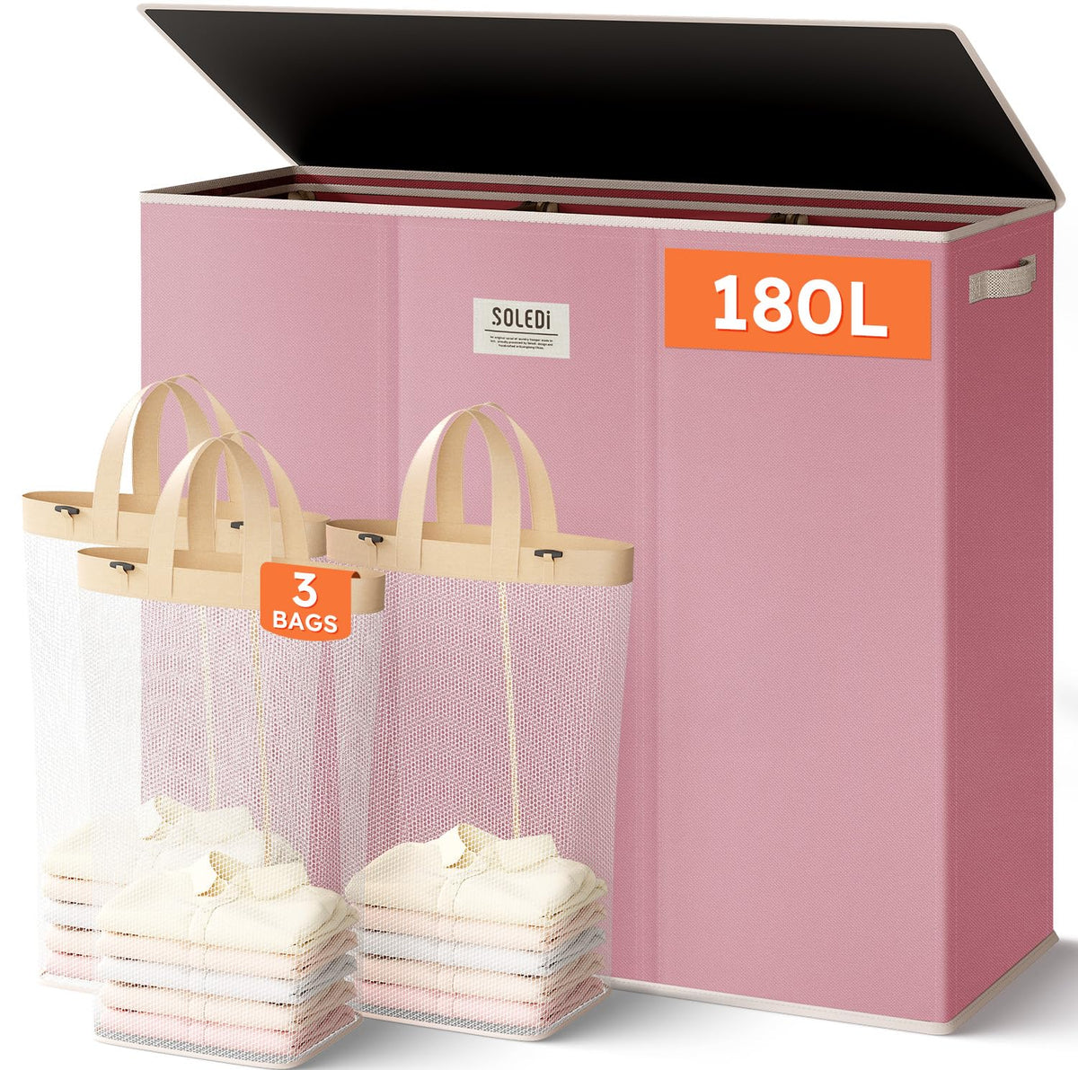 SOLEDI 180L laundry hamper with lid showing concealed clothes and odor containment.
