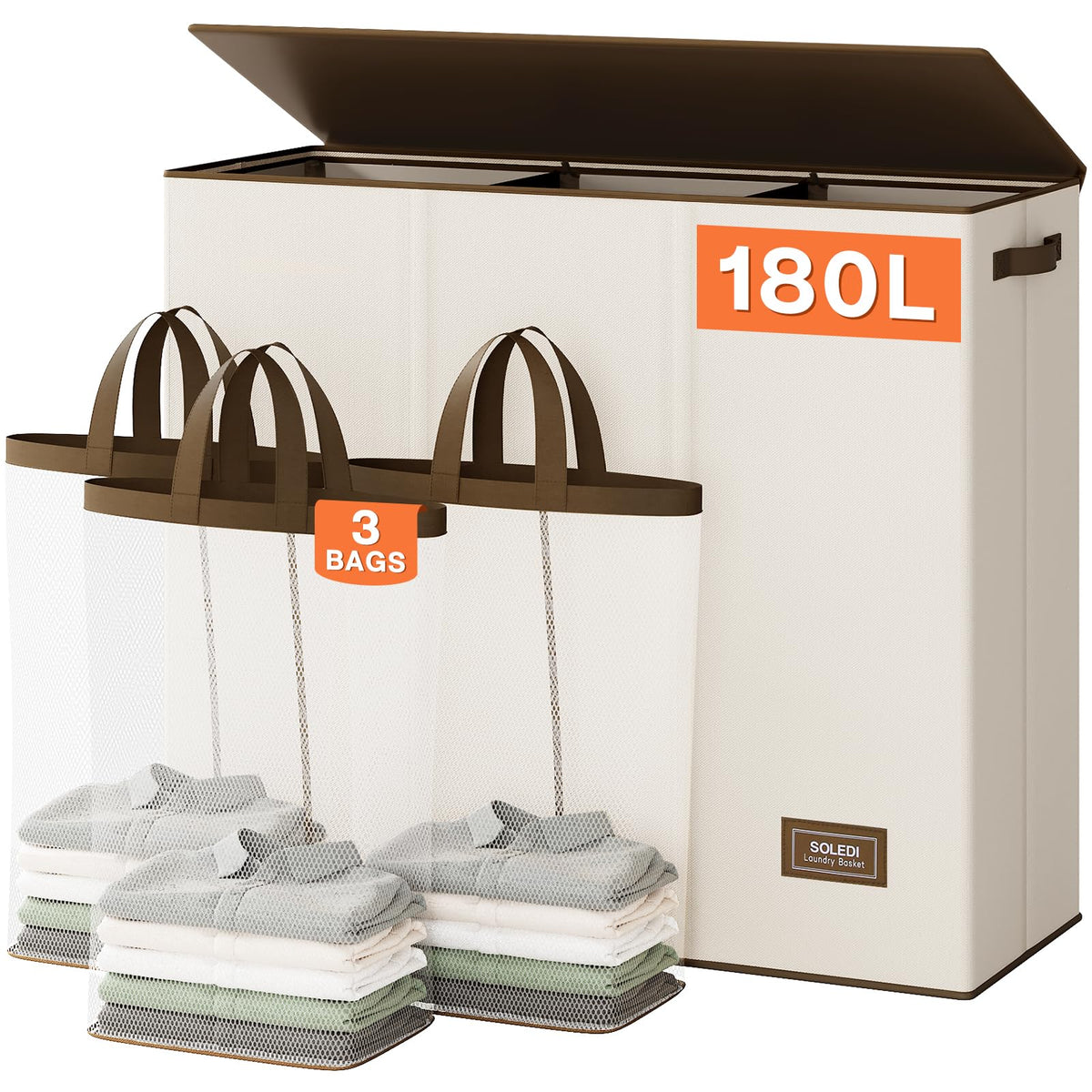 SOLEDI 180L three-section laundry hamper showing organized sorting layout.