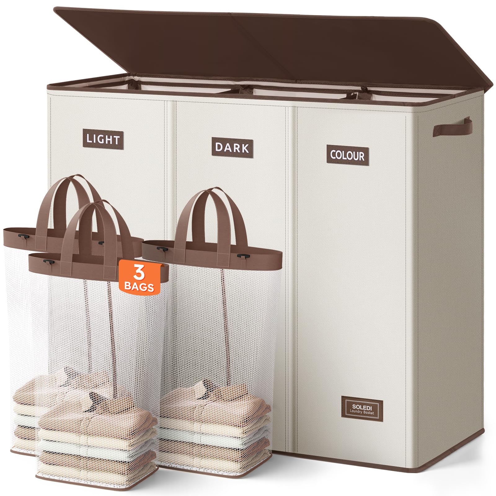 SOLEDI 200L three-section laundry hamper with lid for organized sorting.