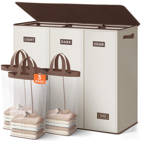 SOLEDI 200L three-section laundry hamper with lid for organized sorting.