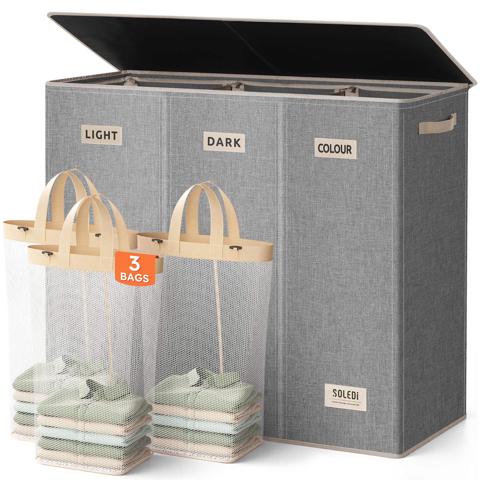 SOLEDI 200L three-section hamper with lid for organized sorting and odor control