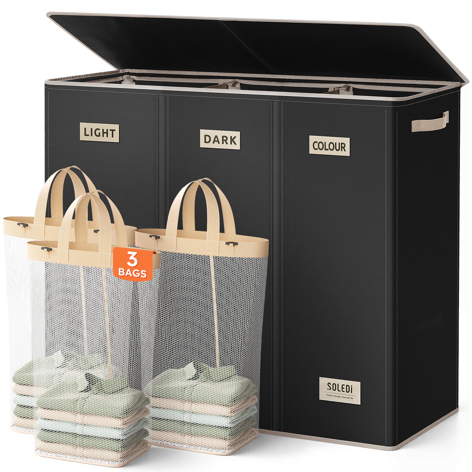 SOLEDI 200L laundry hamper front view with lid keeps items organized and odors contained.