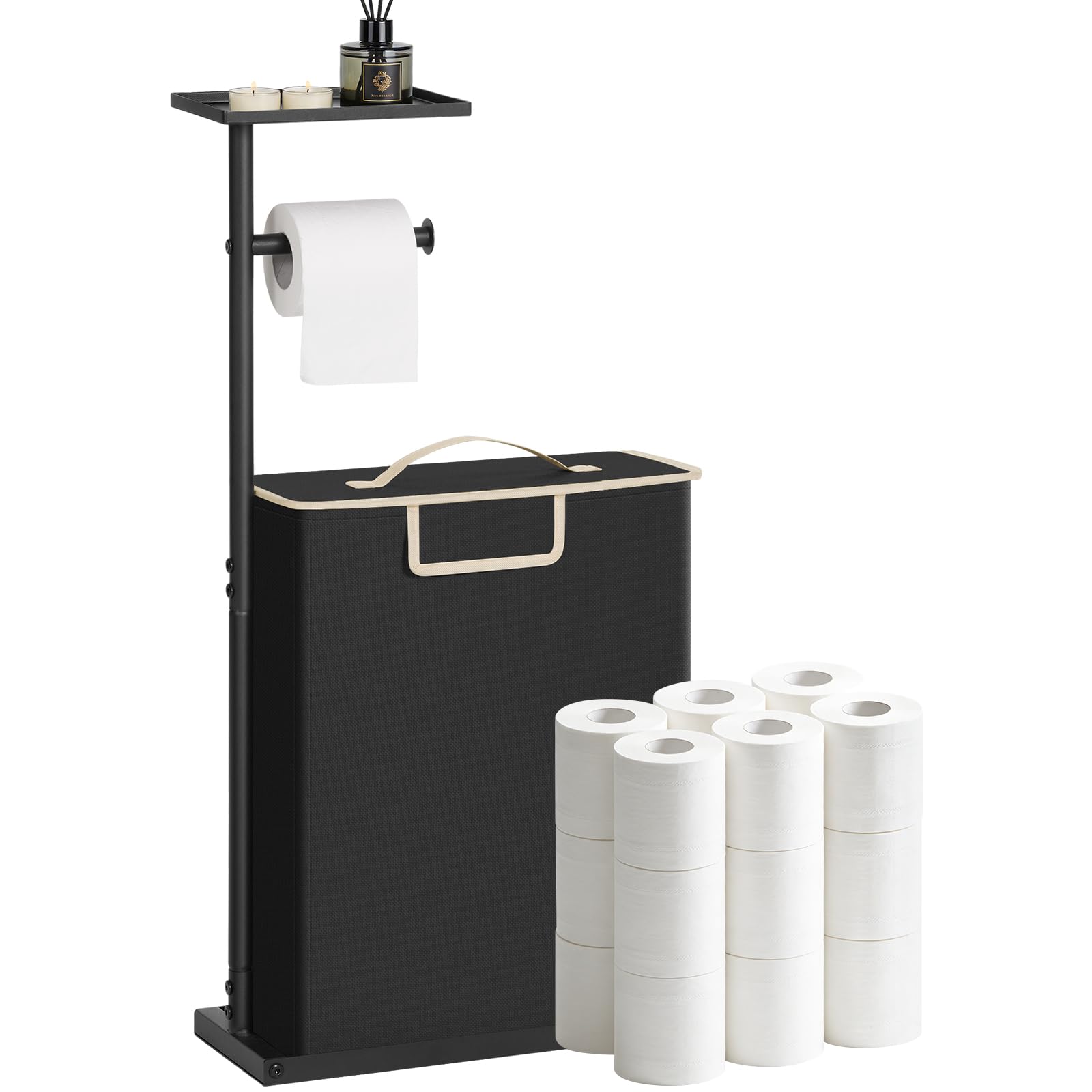 SOLEDI 30-inch toilet paper stand with top shelf for easy-access essentials.