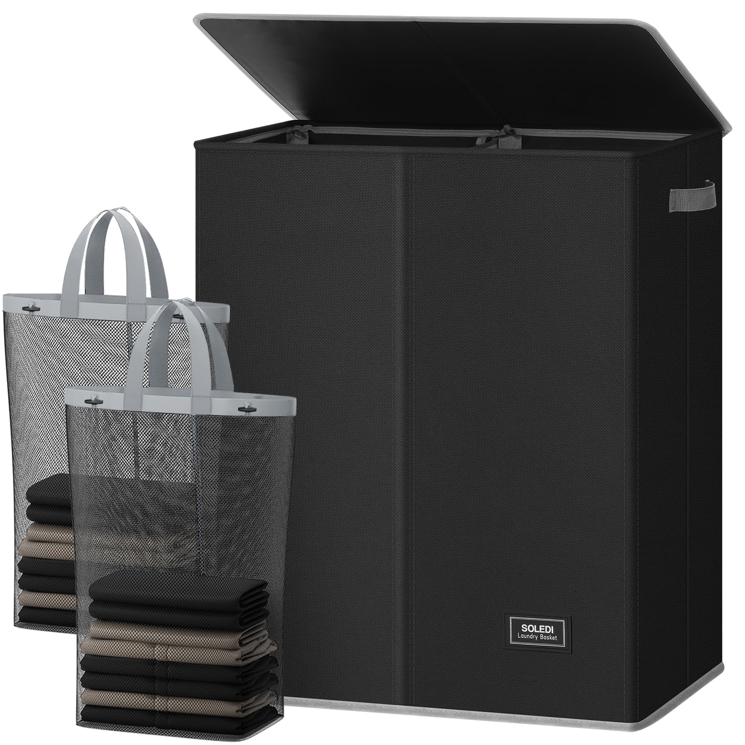 SOLEDI double laundry hamper with lid, highlighting ample capacity for big households.