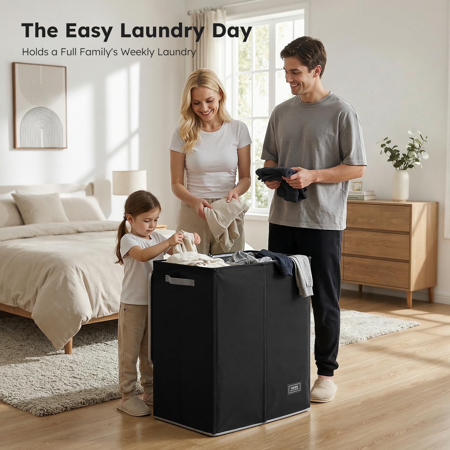 SOLEDI dual-compartment laundry bin for easy sorting of lights and darks.