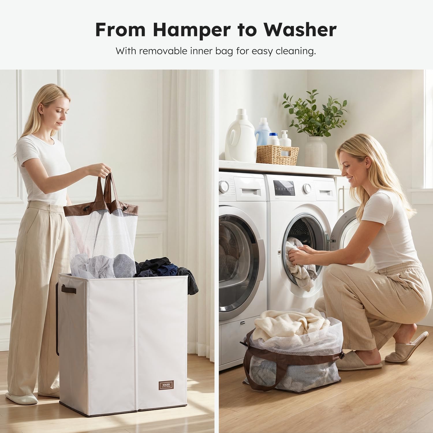 SOLEDI dual-compartments laundry hamper helps separate lights and darks easily.
