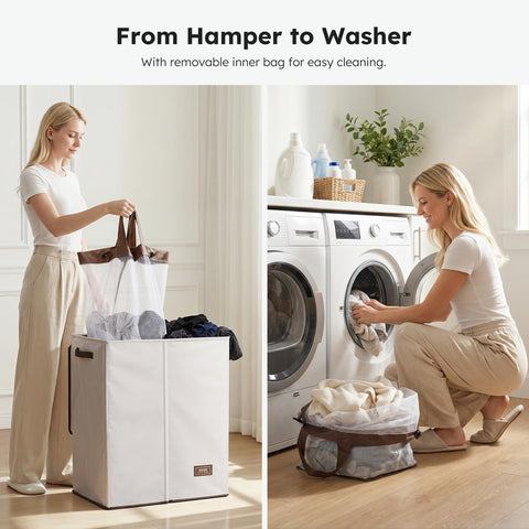 SOLEDI dual-compartments laundry hamper helps separate lights and darks easily.