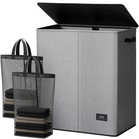 SOLEDI dual-laundry-basket with lid closed, showcasing sturdy structure for tidy spaces.