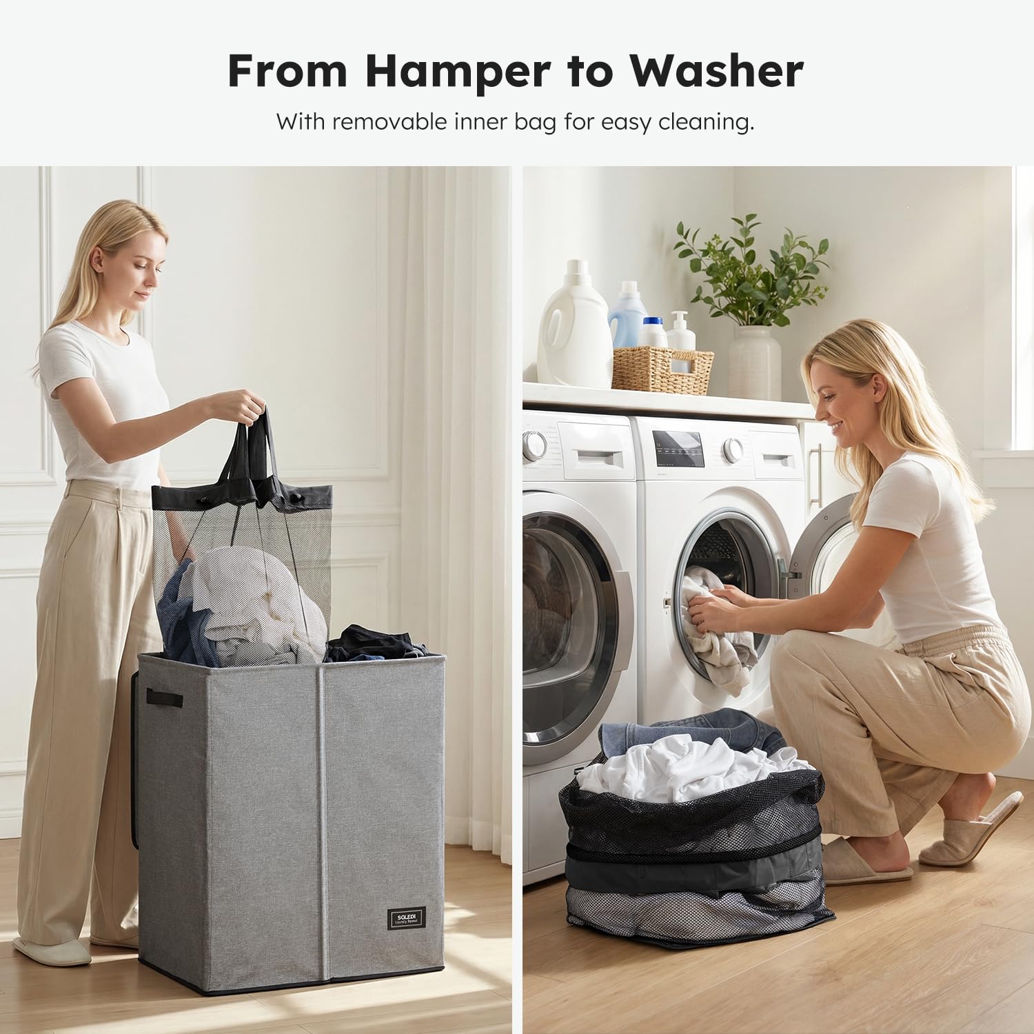 SOLEDI dual-laundry-basket with lid open, highlighting two compartments for sorting.