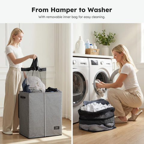 SOLEDI dual-laundry-basket with lid open, highlighting two compartments for sorting.