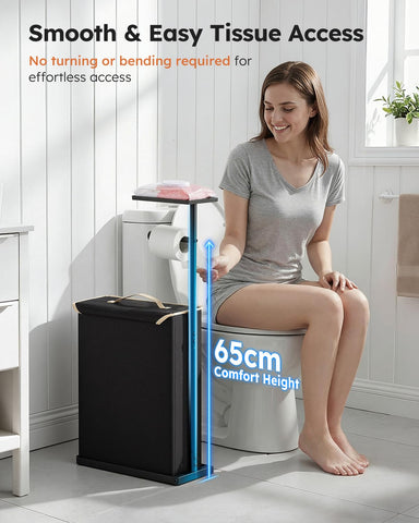 SOLEDI free-standing stand with storage basket for hidden rolls and supplies.