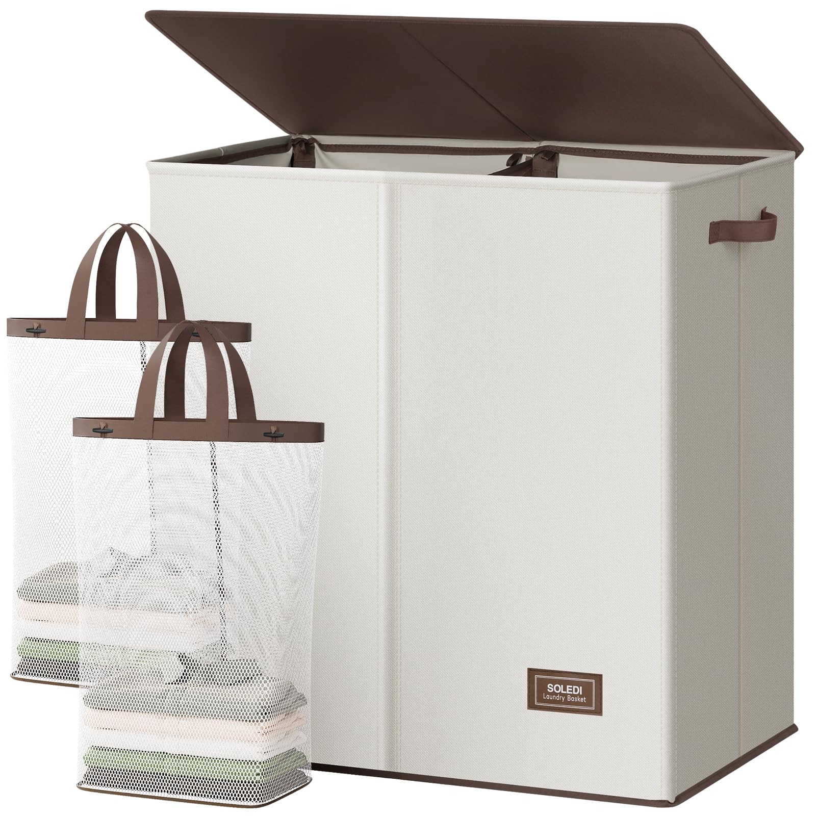 SOLEDI large double laundry hamper with lid organizes lights and darks in separate compartments.