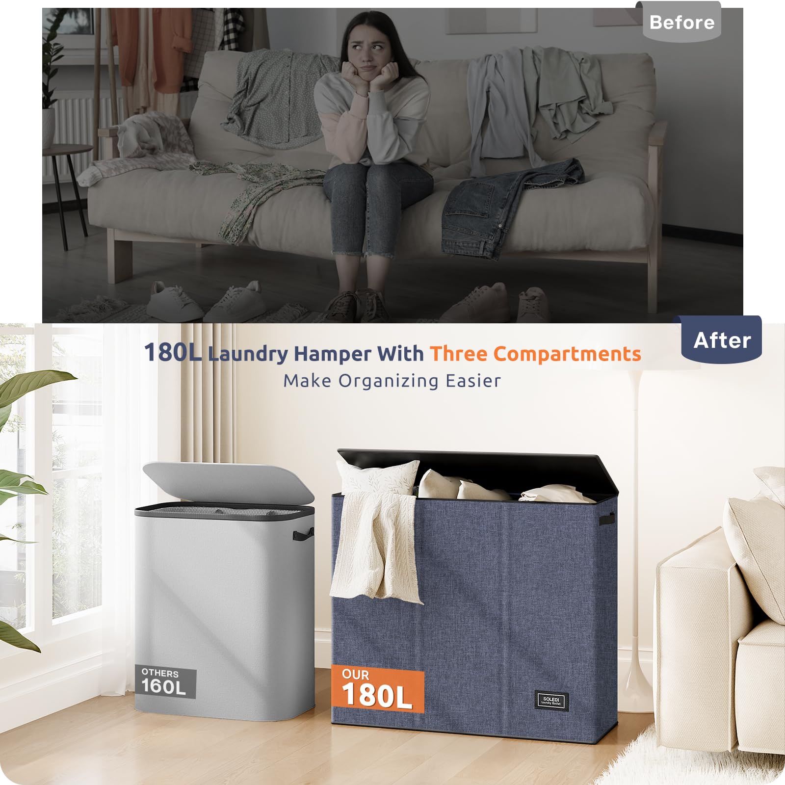 SOLEDI large hamper measures 32.6 inches long, 12.2 inches wide, 27.6 inches high.