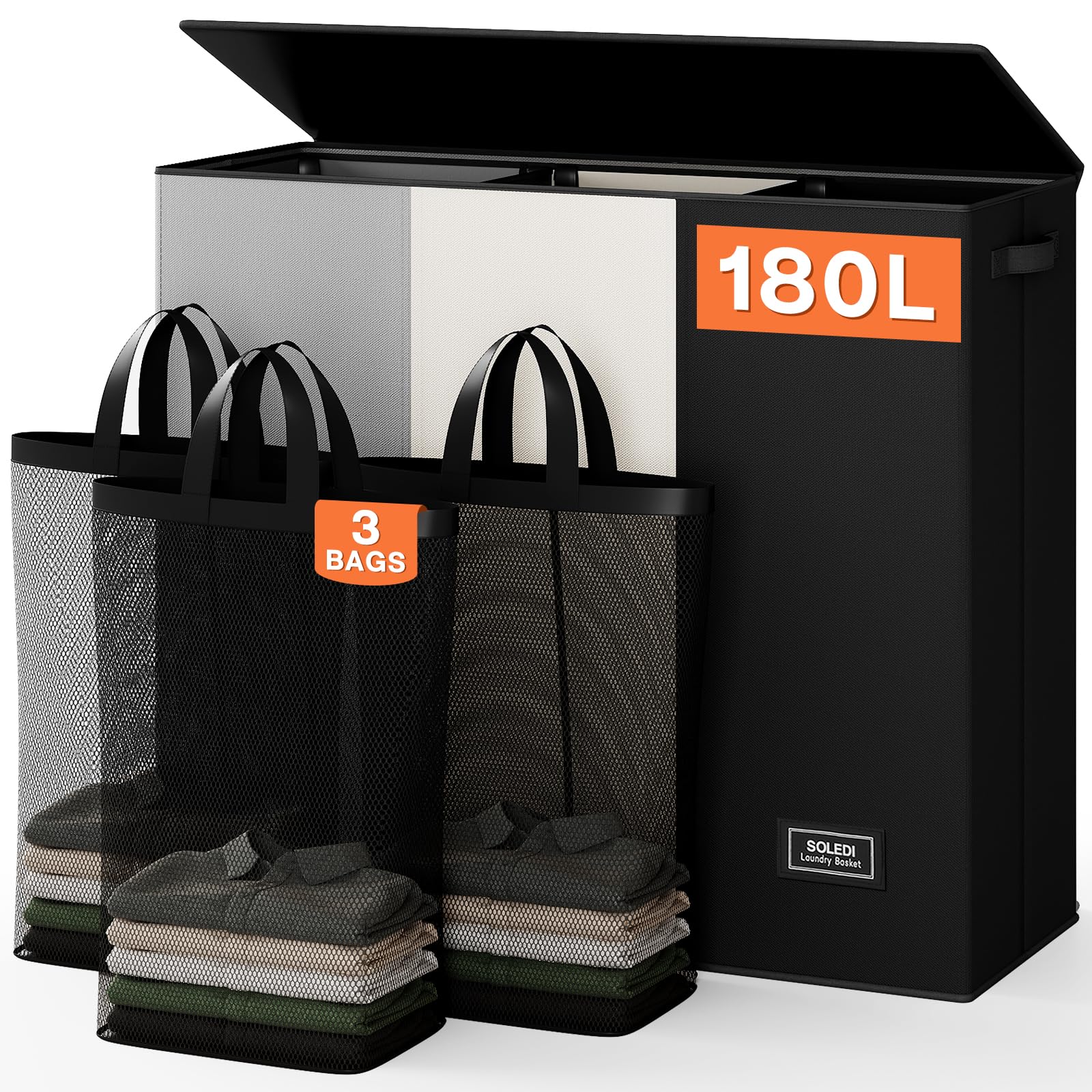 SOLEDI three-section laundry hamper with lid keeps clothes organized and out of sight.
