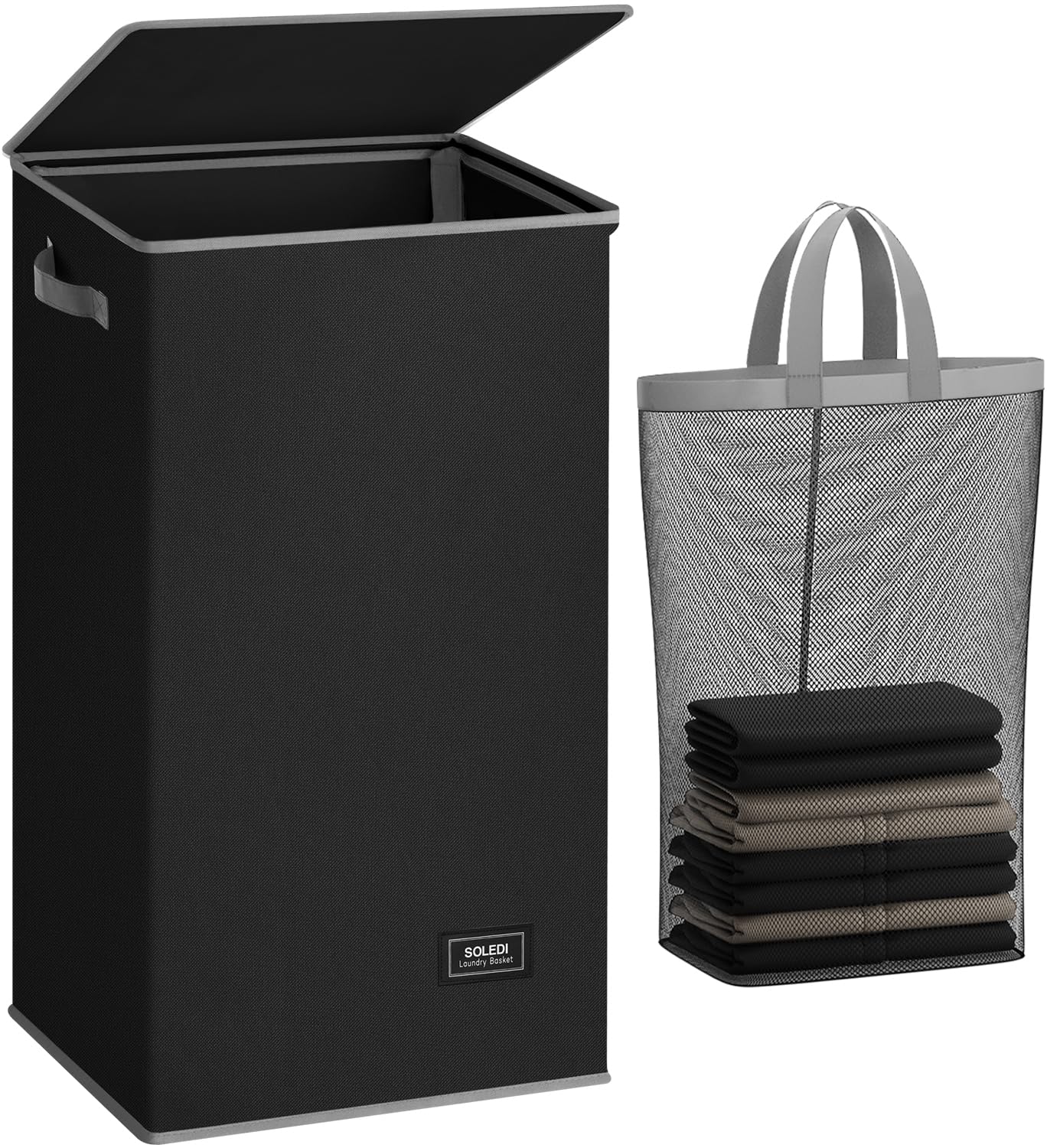 SOLEDI laundry hamper in black with lid keeps clutter out of sight and odors contained.