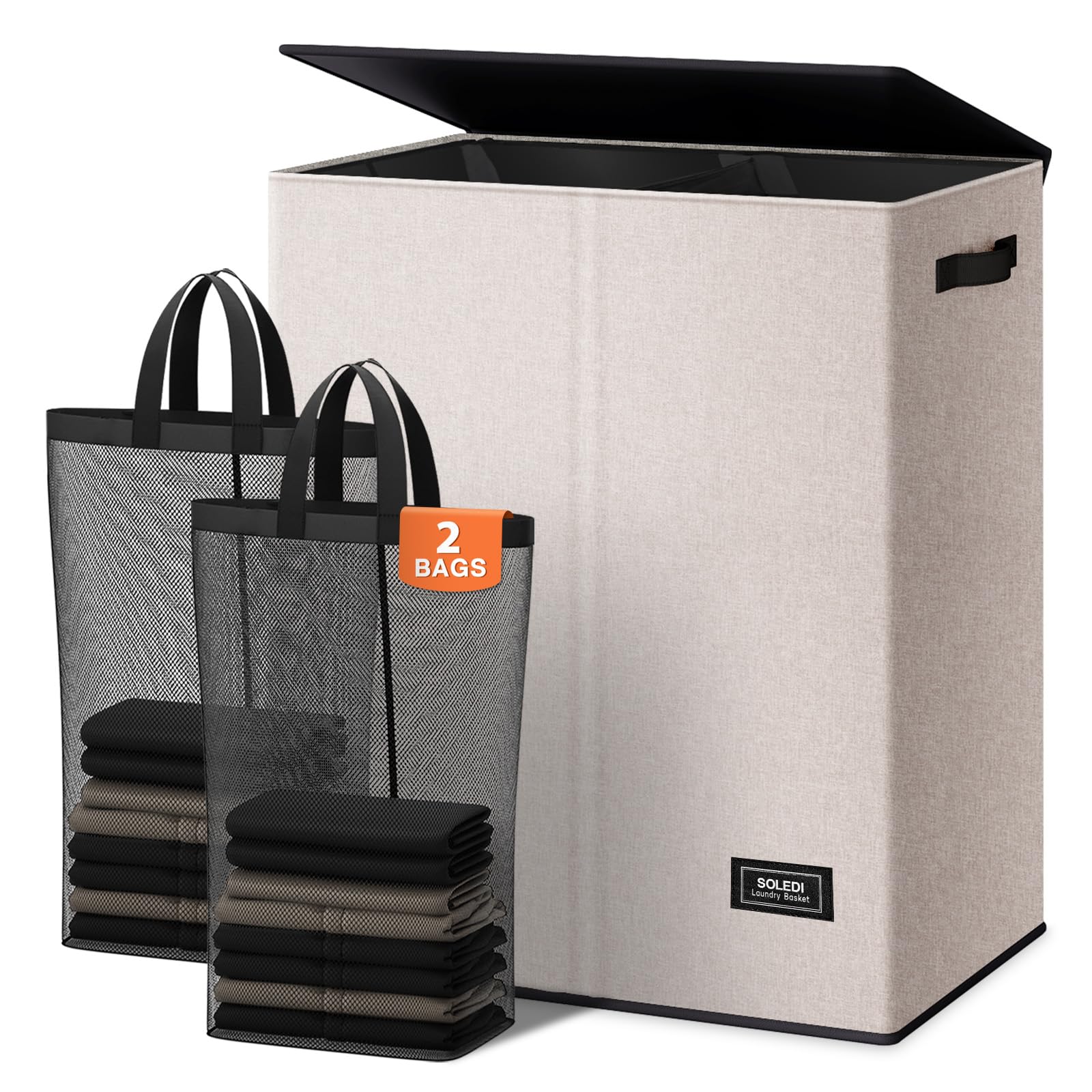 SOLEDI dual-section laundry hamper with lid for easy whites and darks sorting.
