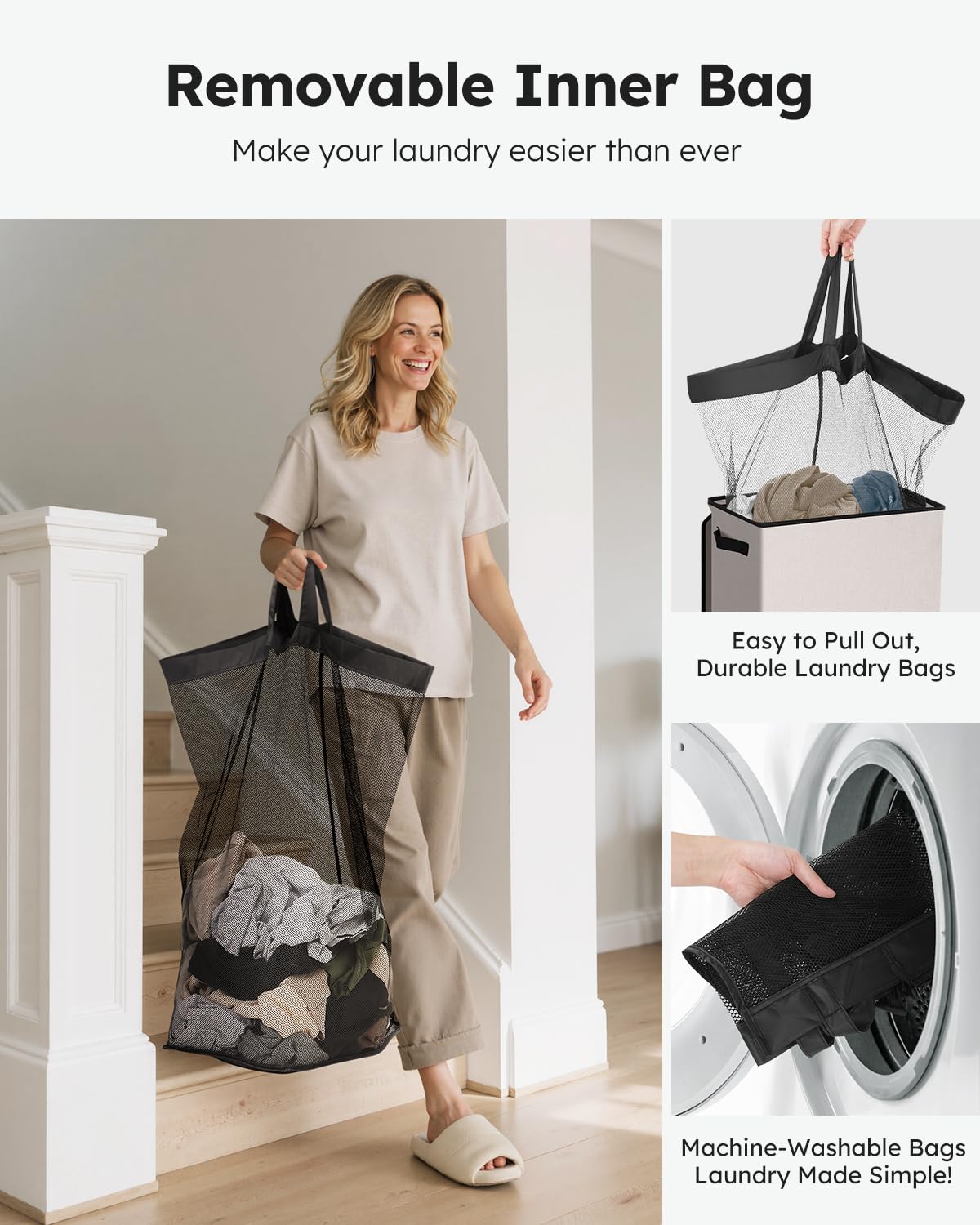 SOLEDI laundry hamper folded for compact storage in a cabinet