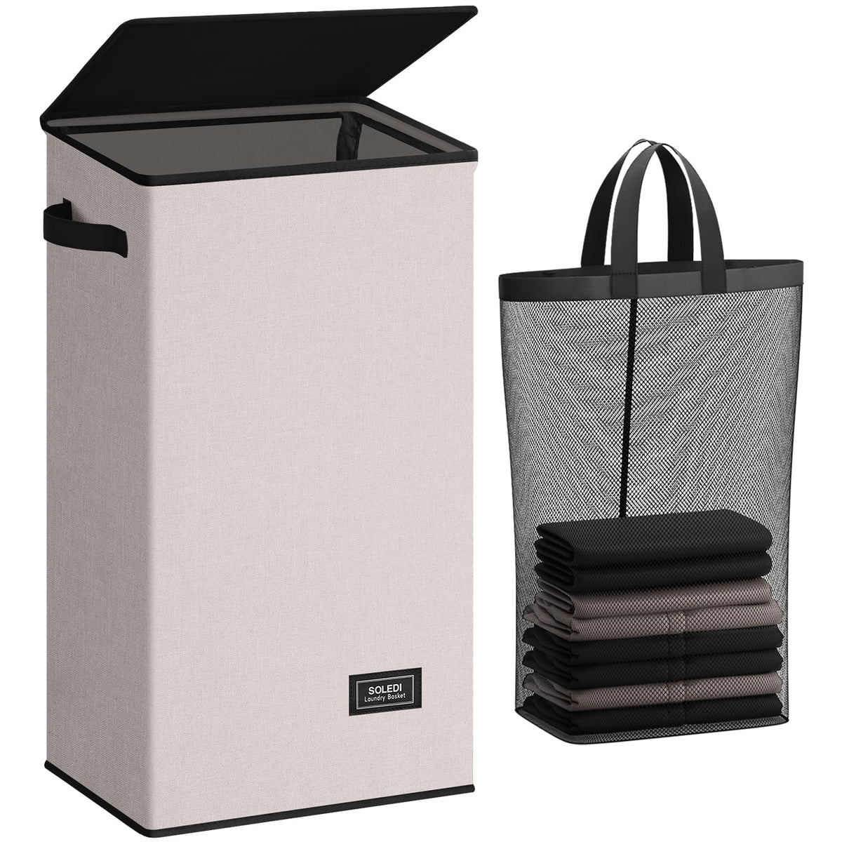 SOLEDI laundry hamper front view with lid showing tidy storage