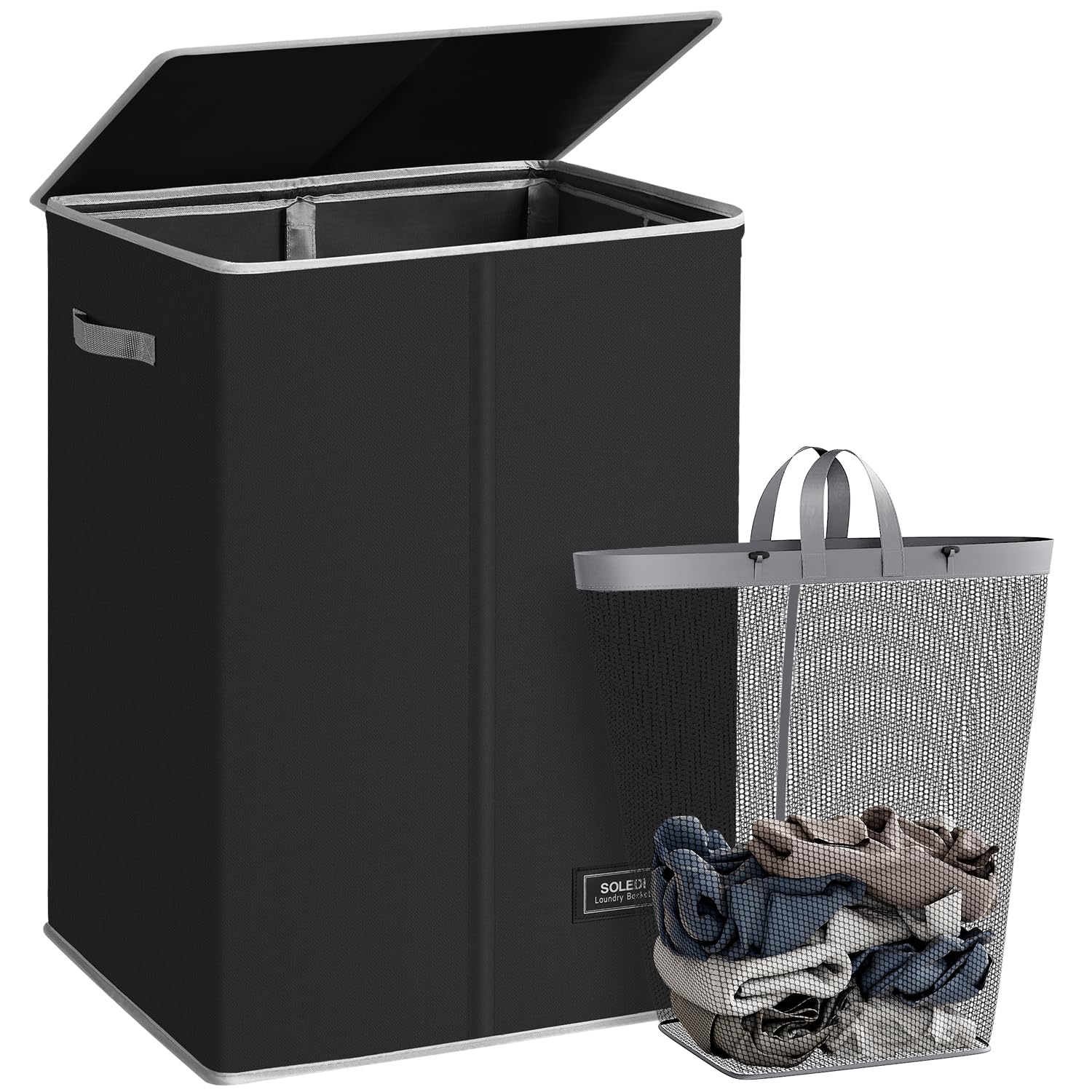 SOLEDI laundry hamper with lid shows concealed storage for tidy spaces.