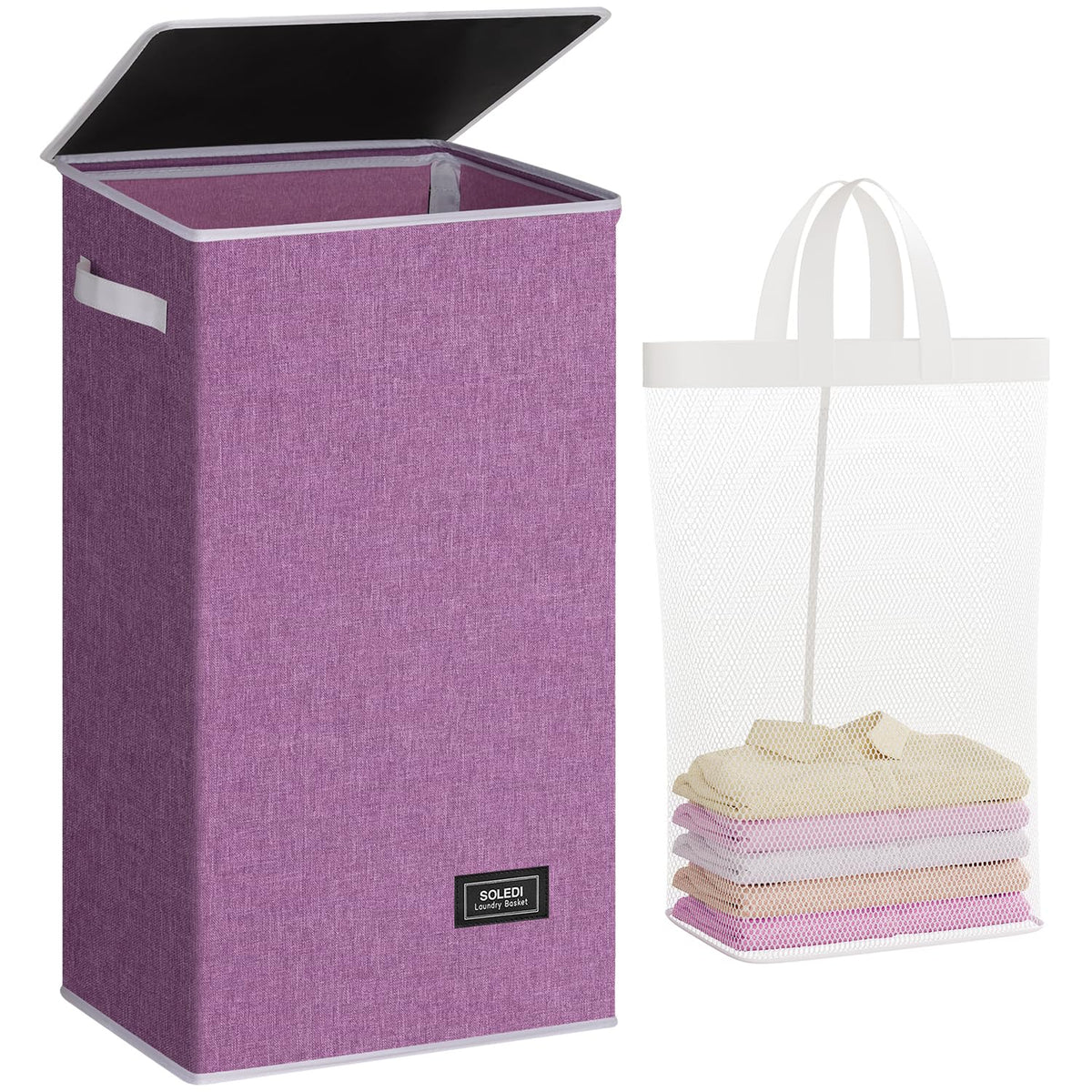 SOLEDI laundry hamper with lid in purple for discreet dirty laundry