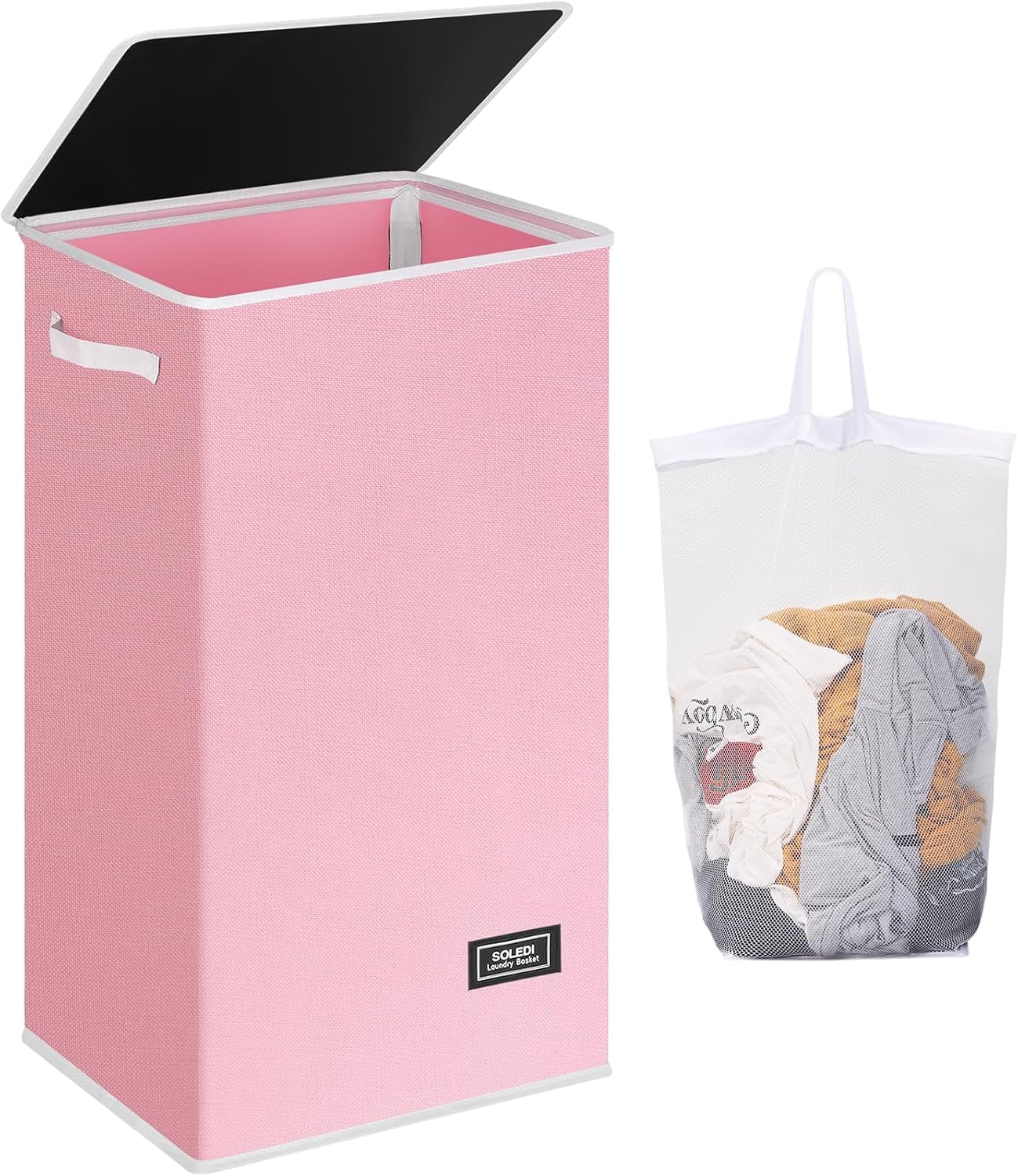 SOLEDI pink lid on laundry hamper keeps dirty clothes discreet and organized.