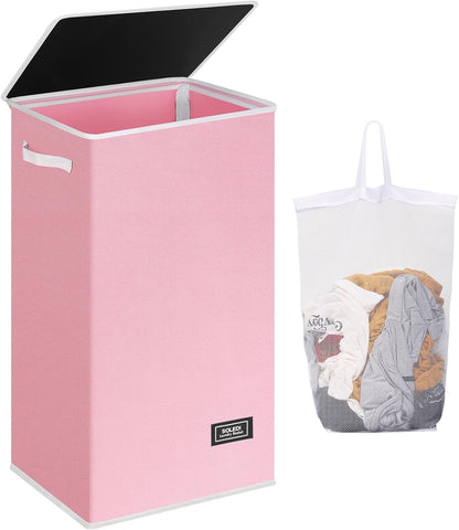 SOLEDI pink lid on laundry hamper keeps dirty clothes discreet and organized.