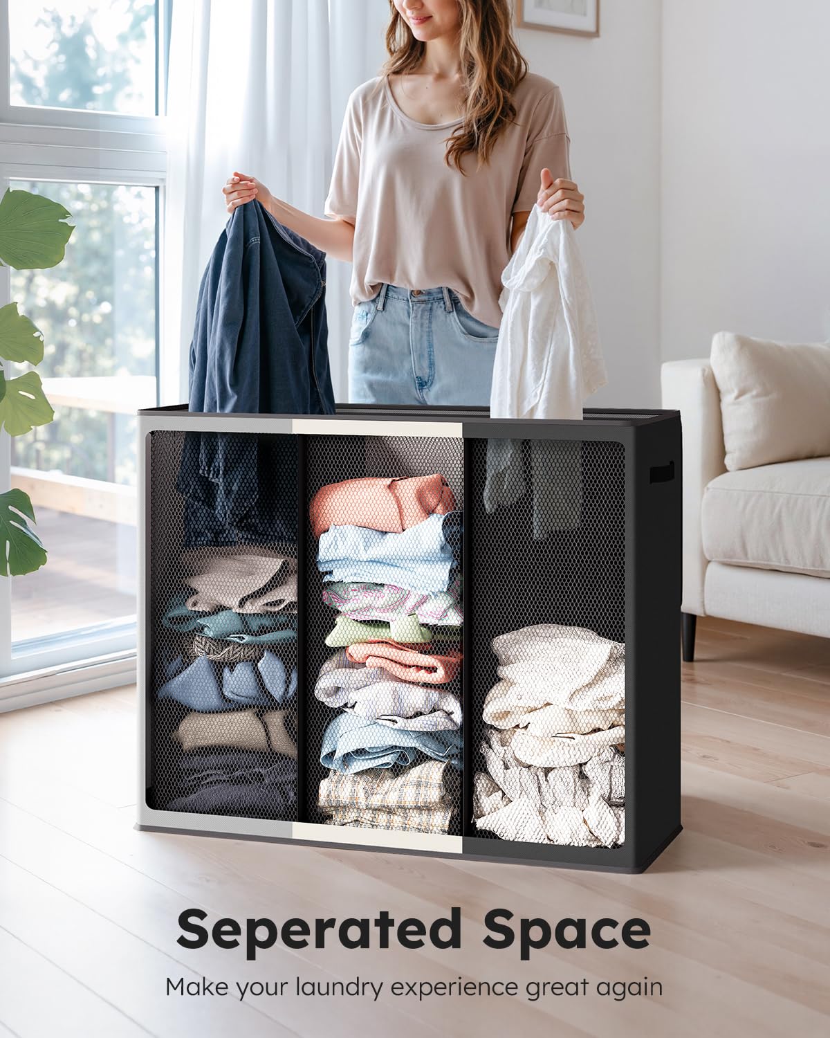 SOLEDI laundry hamper shown with side handles for easy transport around the home.