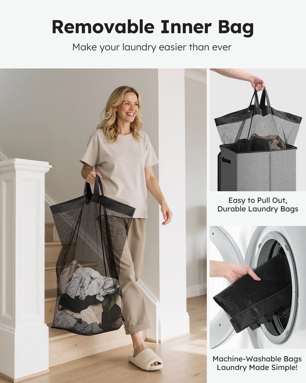 SOLEDI lid and removable inner bag enable easy transport of clothes.