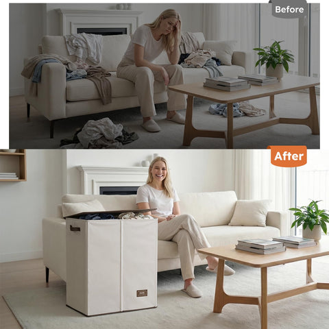 SOLEDI lid-secured dirty clothes hamper conceals laundry until washing.