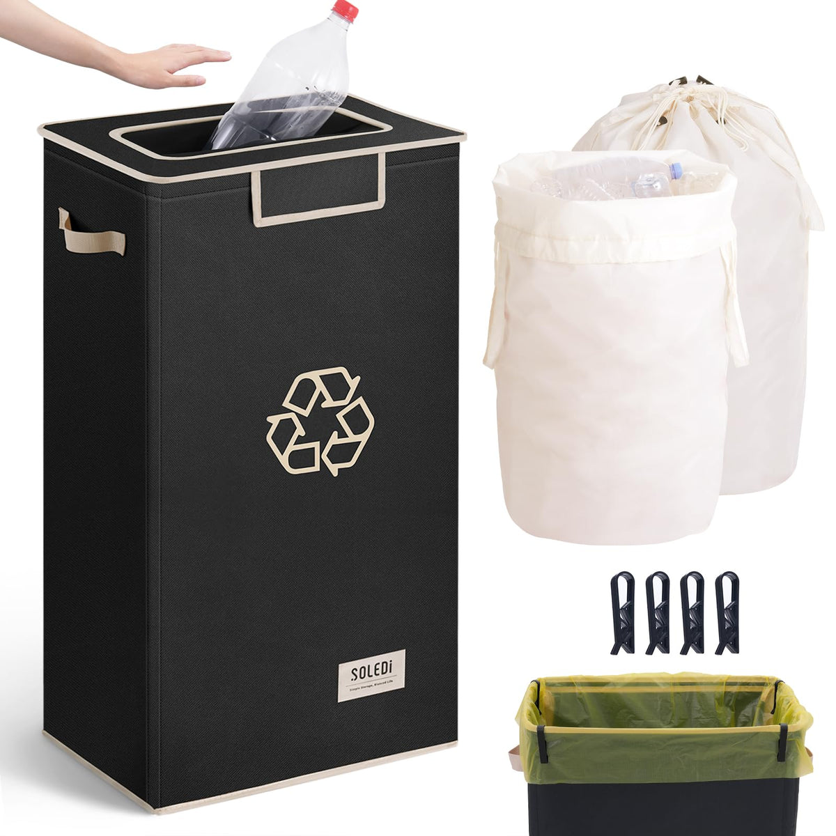 SOLEDI Recycle Bin with large kitchen capacity for bottles and cans.