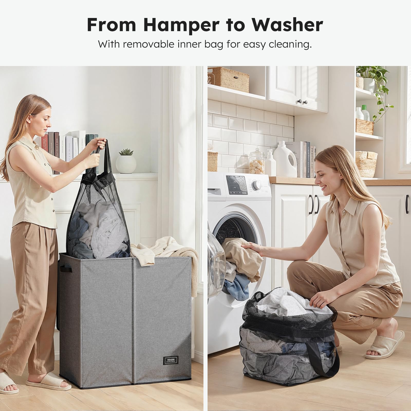 SOLEDI removable bags simplify transferring laundry to the washer.