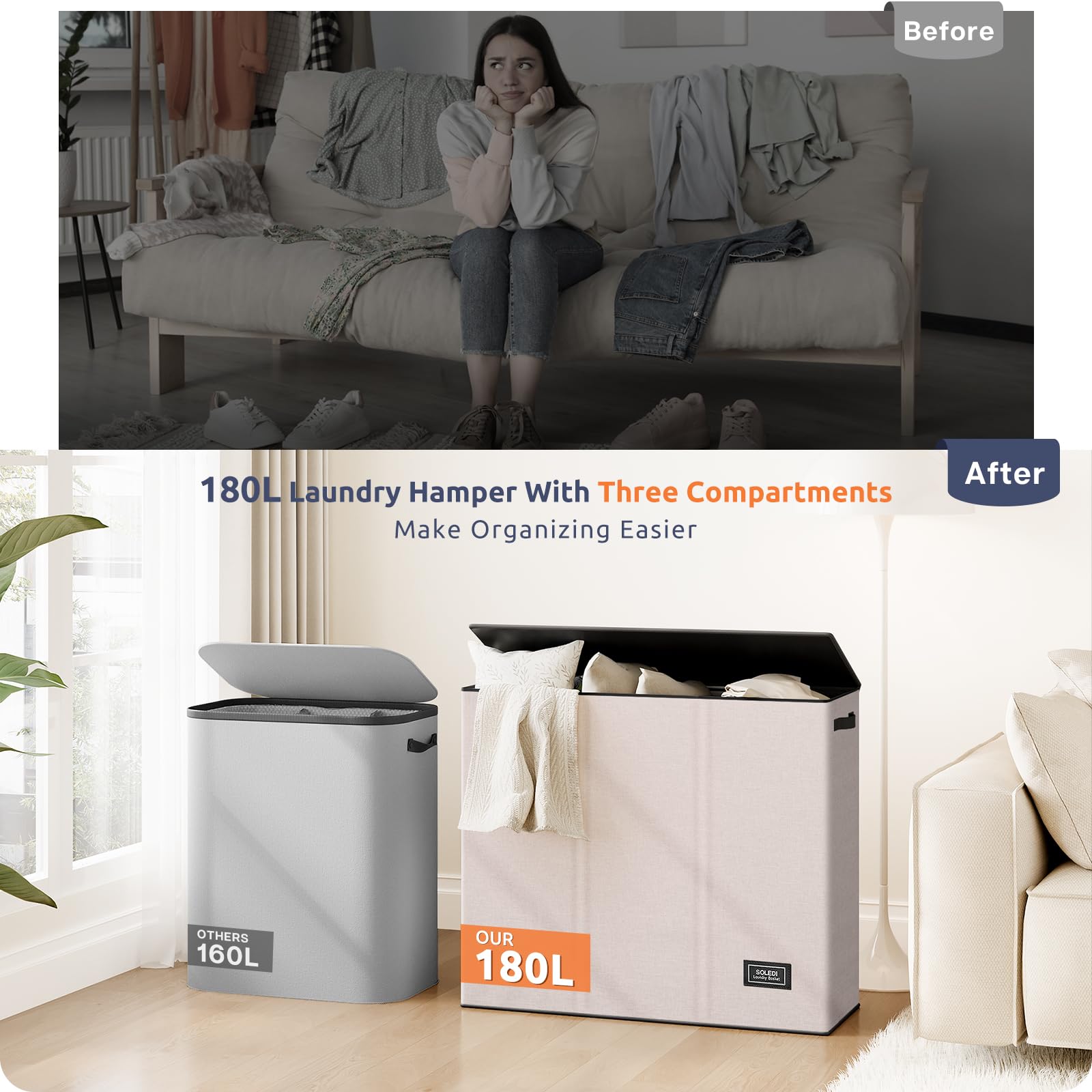 Sturdy side handles on SOLEDI laundry hamper for easy carrying