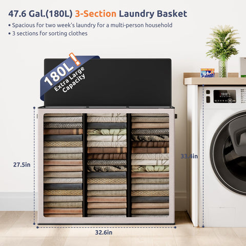 Interior of SOLEDI hamper with three sections for organized laundry sorting