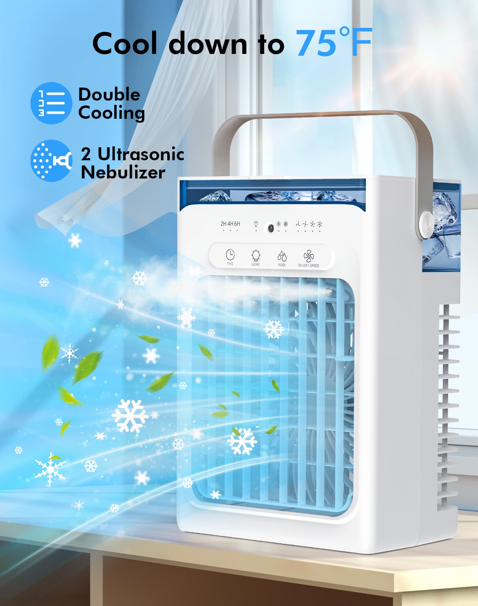 SOLEEY portable AC side vent illustrating directional airflow for comfort