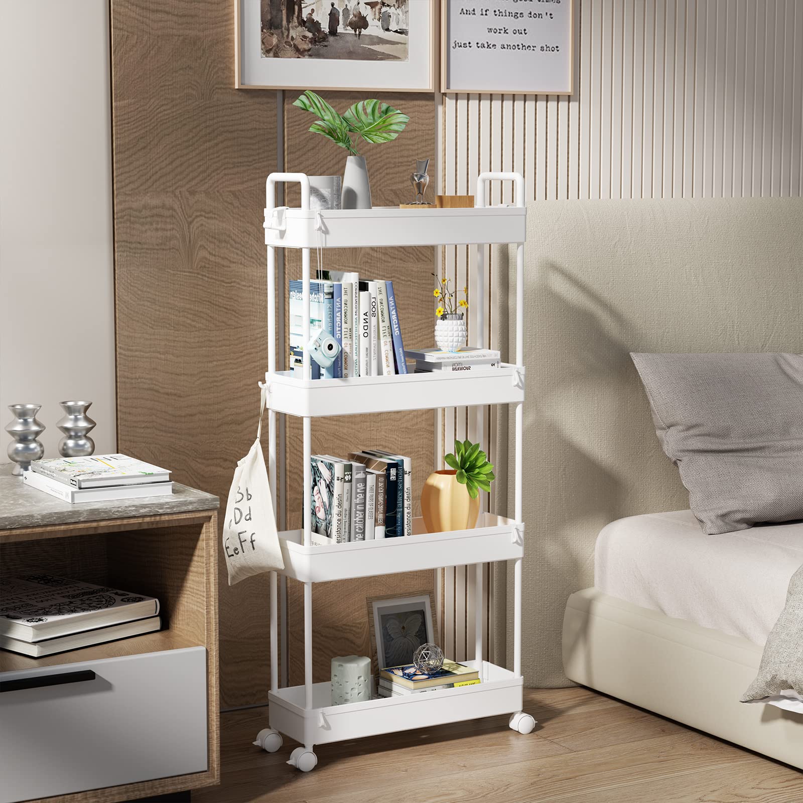 SOLEJAZZ bedside cart rolling 4-tier is portable for bedrooms.