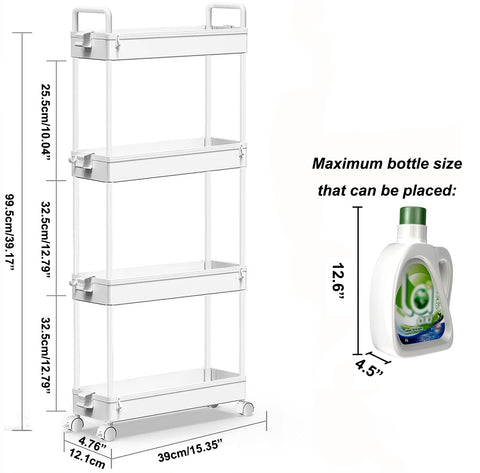 SOLEJAZZ slim rolling cart 4-tier configuration beside fridge for organized essentials.