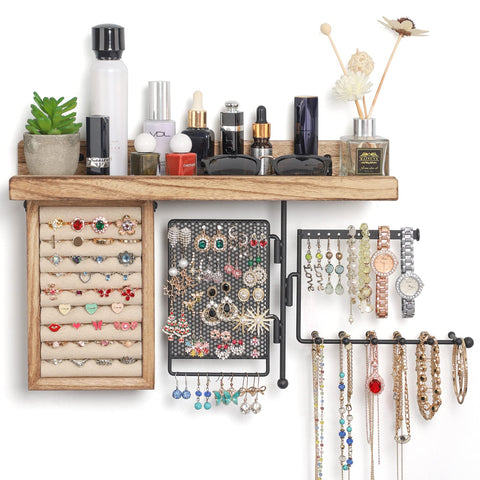 SOLIMINTR hanging jewelry organizer on wall mount with rustic shelf for daily storage