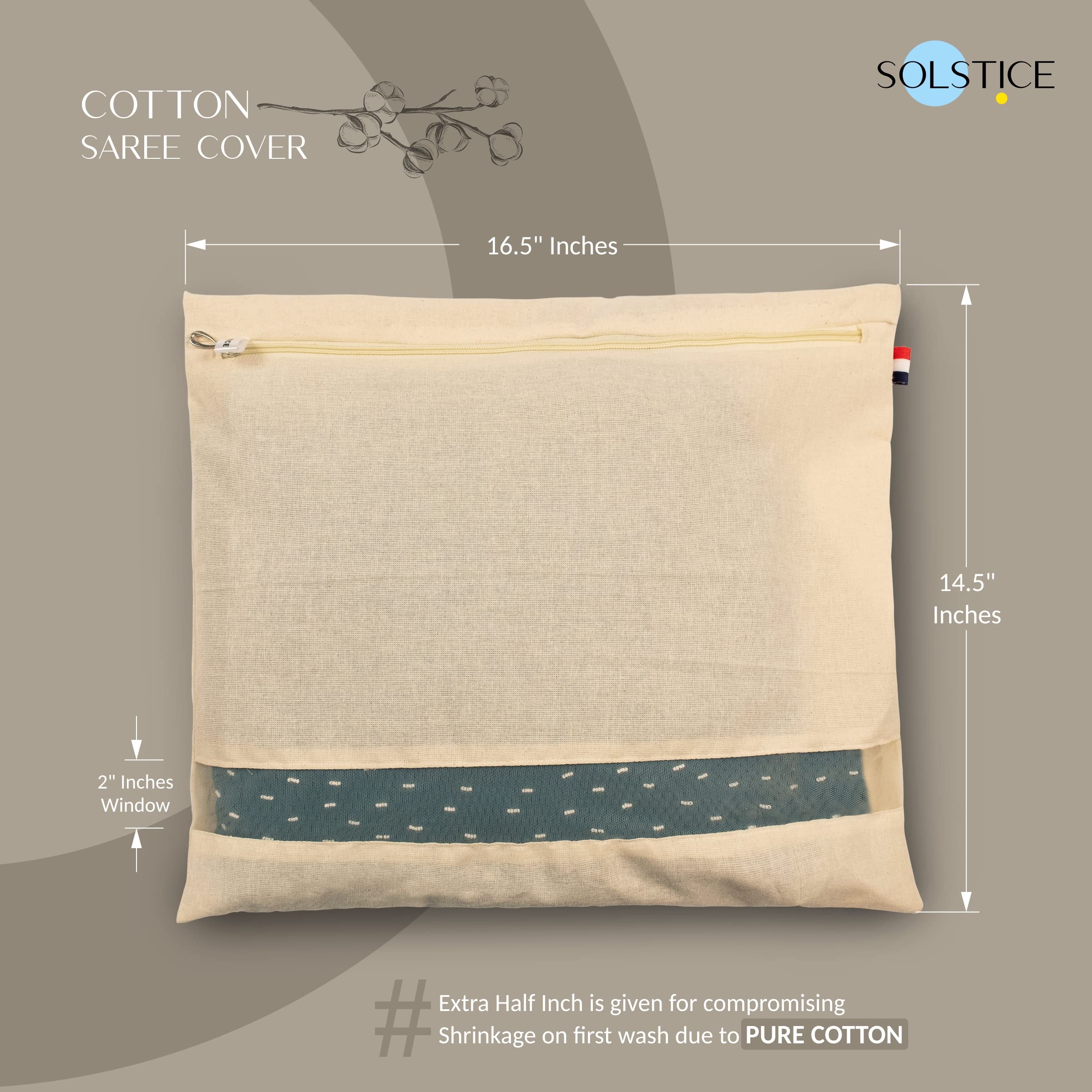 SOLSTICE saree bag with zip closure and metal runner.