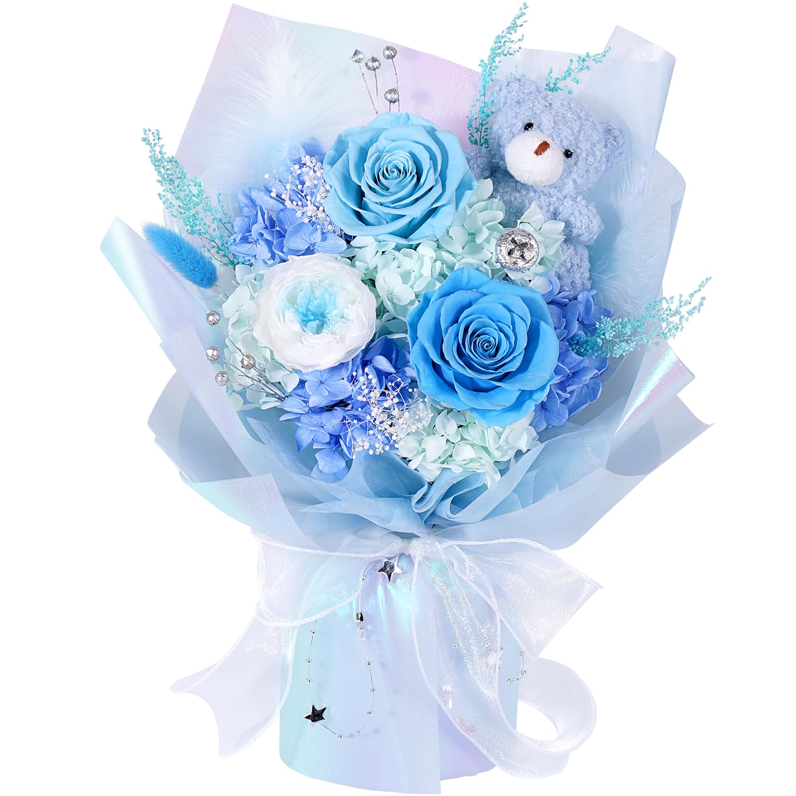SOLUNOX preserved roses bear bouquet with vibrant color and long-lasting beauty.