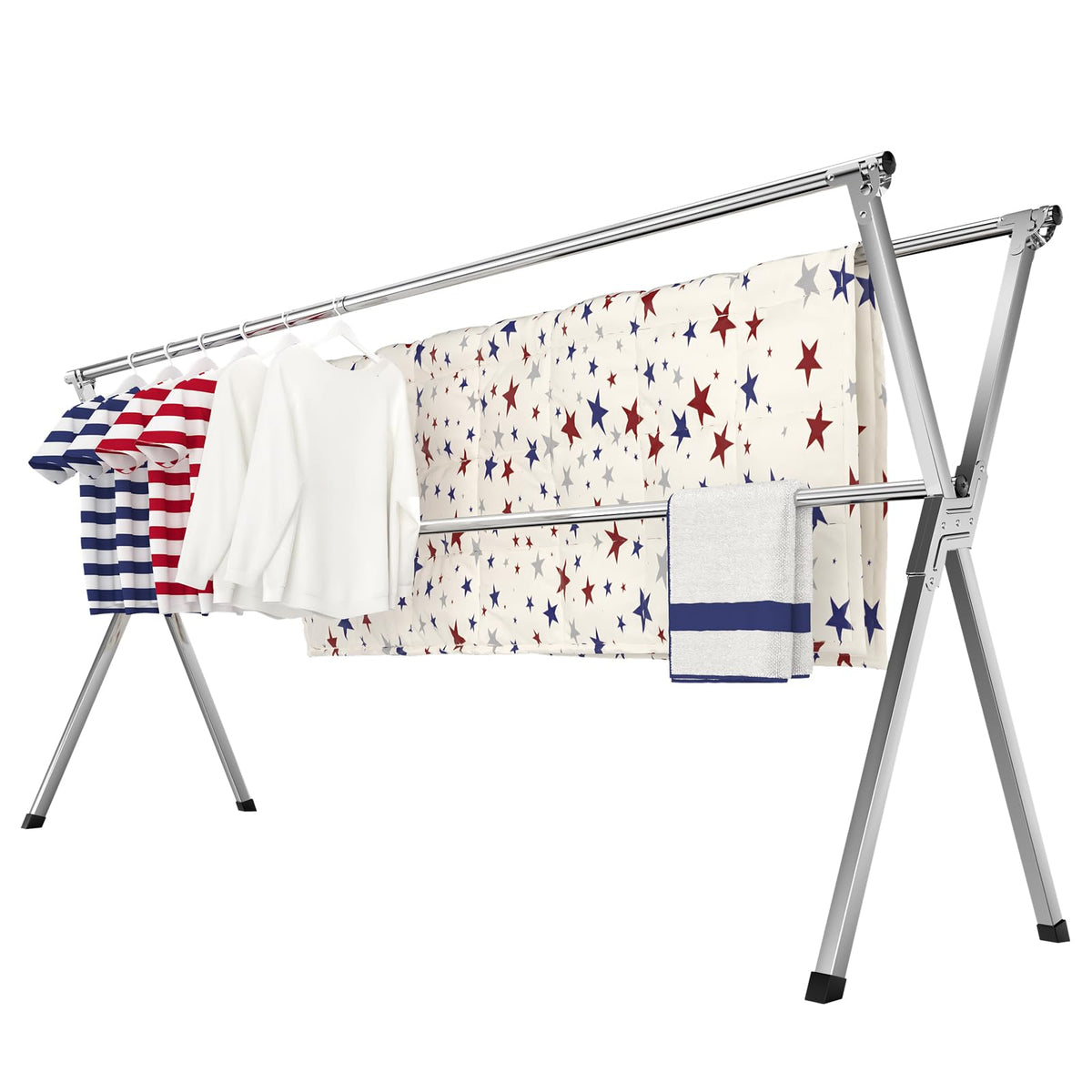 Solvestis clothes drying rack, adjustable length, suits shirts to quilts for versatile drying.