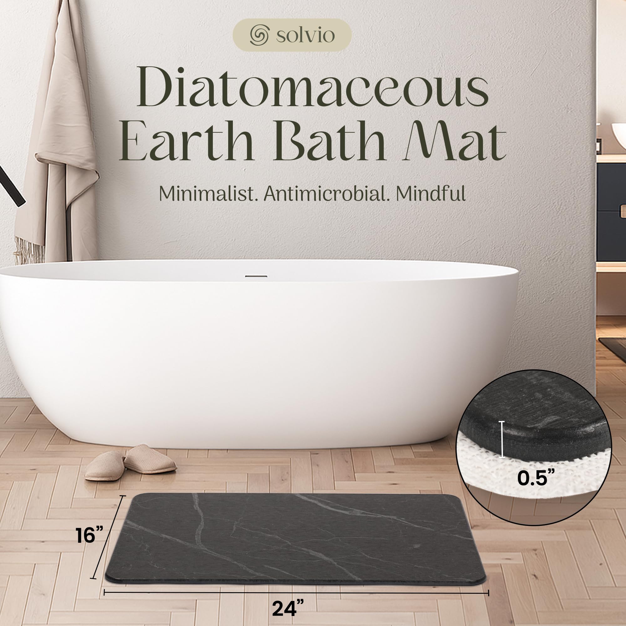 Solvio absorbent diatomite mat dries quickly to prevent soggy floors.